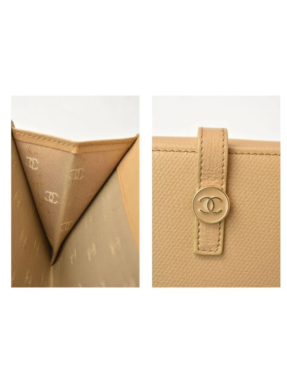Chanel Wallet Coco Button Bifold Leather Beige